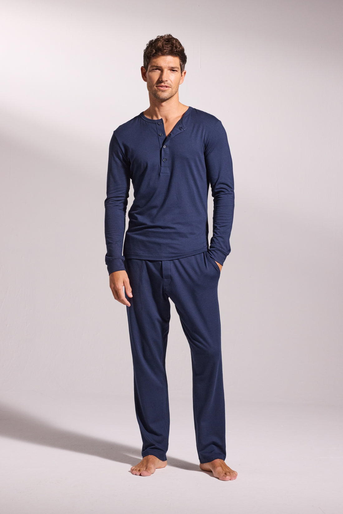 Premium Pyjama Long Sleeve Henley - Navy | Men's Pyjama Tops | David ...
